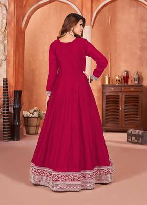 Dark pink colour embroidered art silk indian ethnic wear 3
