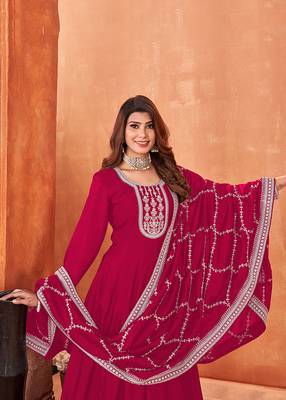 Dark pink colour embroidered art silk indian ethnic wear 4