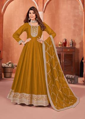Dark mustard colour embroidered art silk indian ethnic wear 1