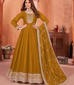 Dark mustard colour embroidered art silk indian ethnic wear