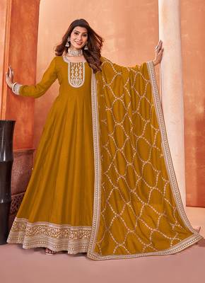 Dark mustard colour embroidered art silk indian ethnic wear 2