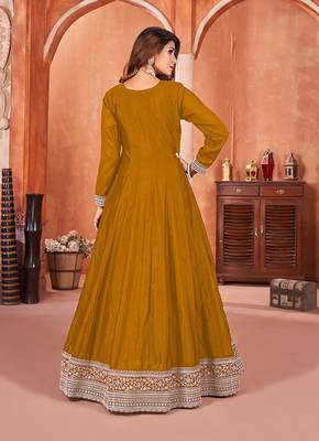 Dark mustard colour embroidered art silk indian ethnic wear 3