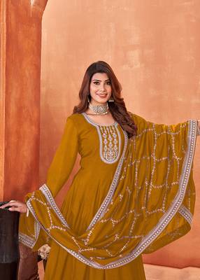 Dark mustard colour embroidered art silk indian ethnic wear 4