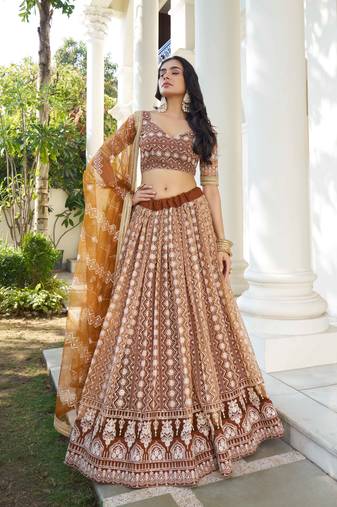 BROWN COLOR NET FABRIC LEHENGA CHOLI WITH SEQUINS AND THREAD EMBROIDERY WORK
