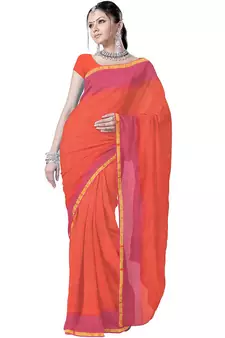 Ethnic Designer Kota Doria Pure Cotton Orange Sari Deepawali Gift 202