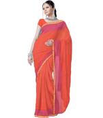 Ethnic Designer Kota Doria Pure Cotton Orange Sari Deepawali Gift 202