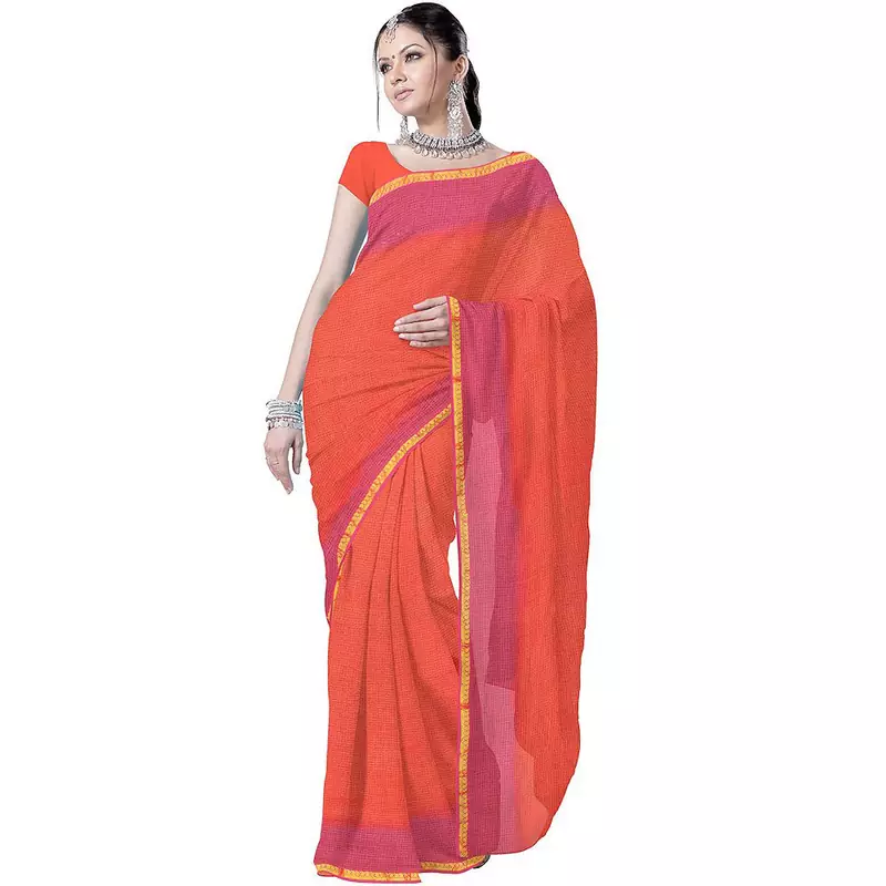 Ethnic Designer Kota Doria Pure Cotton Orange Sari Deepawali Gift 202