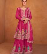 Magenta colour chinon silk embroidered modern ethnic wear