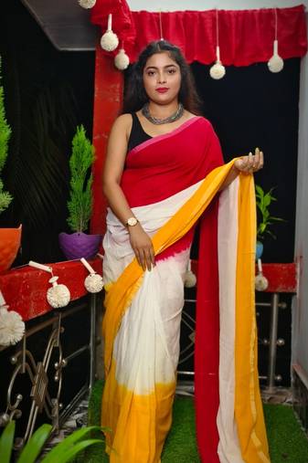 Fabulous Red Yellow Pure Cotton Summer- wear Saree