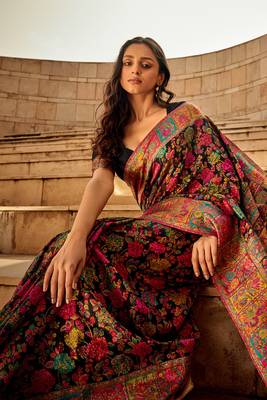 Design Black Modal Kashmiri Pashmina Silk Woven Saree With Blouse For Women 2