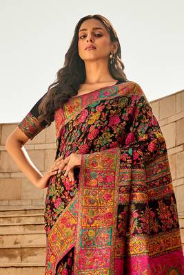 Design Black Modal Kashmiri Pashmina Silk Woven Saree With Blouse For Women 3