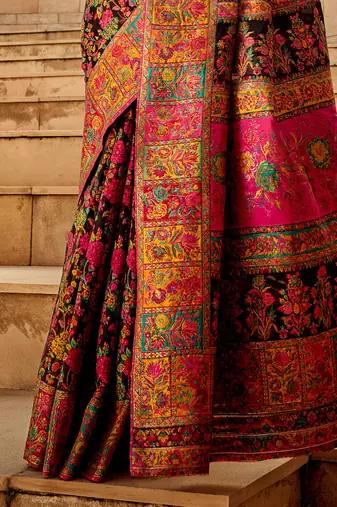 Design Black Modal Kashmiri Pashmina Silk Woven Saree With Blouse For Women