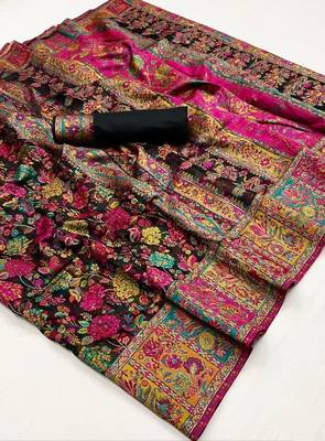 Design Black Modal Kashmiri Pashmina Silk Woven Saree With Blouse For Women 5