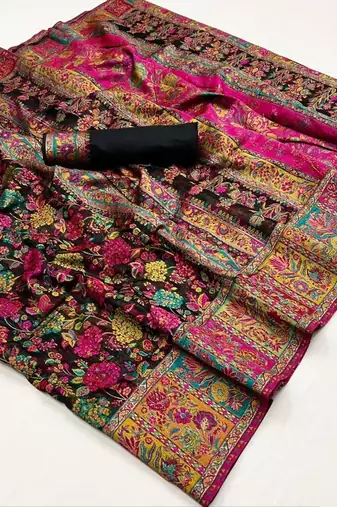 Design Black Modal Kashmiri Pashmina Silk Woven Saree With Blouse For Women