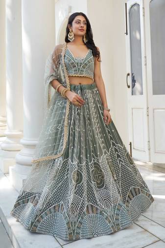 GREEN COLOR NET FABRIC LEHENGA CHOLI WITH SEQUINS AND THREAD EMBROIDERY WORK