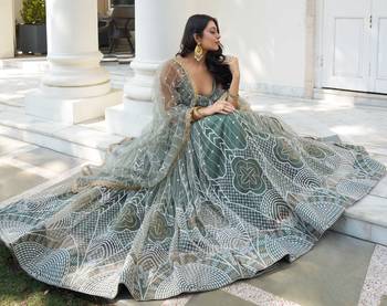 GREEN NET FABRIC LEHENGA CHOLI WITH SEQUINS AND THREAD EMBROIDERY WORK 3