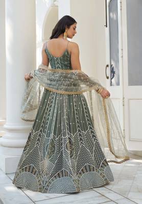 GREEN NET FABRIC LEHENGA CHOLI WITH SEQUINS AND THREAD EMBROIDERY WORK 4