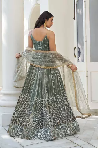 GREEN NET FABRIC LEHENGA CHOLI WITH SEQUINS AND THREAD EMBROIDERY WORK