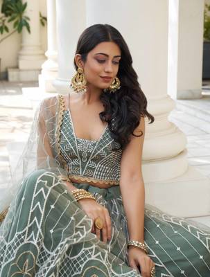 GREEN NET FABRIC LEHENGA CHOLI WITH SEQUINS AND THREAD EMBROIDERY WORK 5