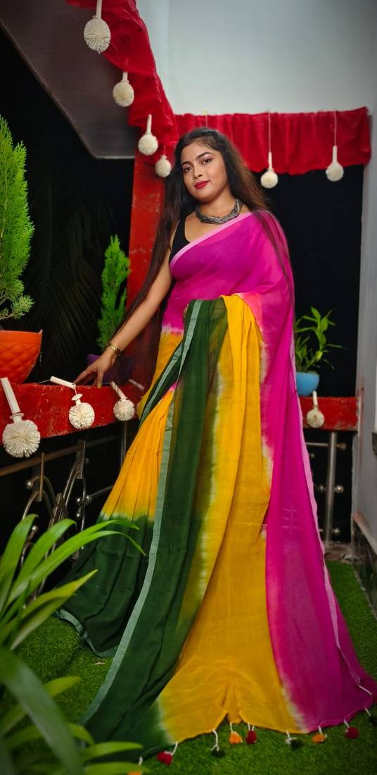 Fabulous Pink Yellow Soft Pure Cotton Saree 