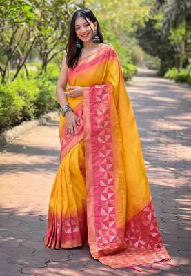 Yellow Soft Silk Contrast Gold Zari Woven Saree 1