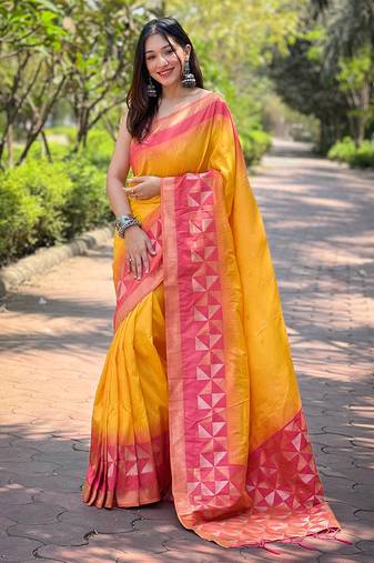 Yellow Soft Silk Contrast Gold Zari Woven Saree