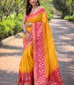 Yellow Soft Silk Contrast Gold Zari Woven Saree