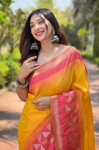 Yellow Soft Silk Contrast Gold Zari Woven Saree