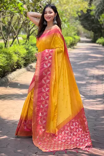 Yellow Soft Silk Contrast Gold Zari Woven Saree