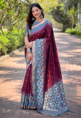 Maroon Soft Silk Contrast Gold Zari Woven Saree 1