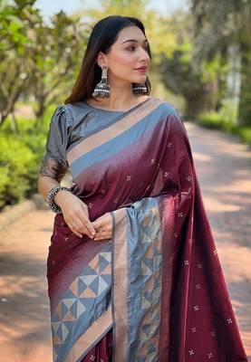 Maroon Soft Silk Contrast Gold Zari Woven Saree 2