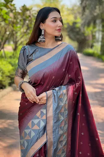 Maroon Soft Silk Contrast Gold Zari Woven Saree