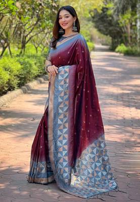 Maroon Soft Silk Contrast Gold Zari Woven Saree 3