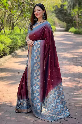 Maroon Soft Silk Contrast Gold Zari Woven Saree