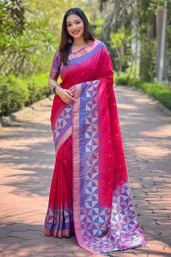 Pink Soft Silk Contrast Gold Zari Woven Saree
