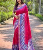 Pink Soft Silk Contrast Gold Zari Woven Saree