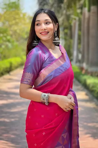 Pink Soft Silk Contrast Gold Zari Woven Saree