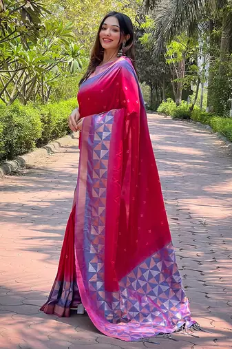 Pink Soft Silk Contrast Gold Zari Woven Saree