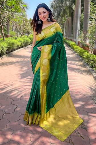 Green Soft Silk Contrast Gold Zari Woven Saree