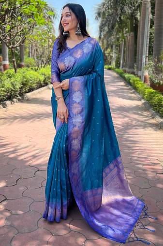 Blue Soft Silk Contrast Gold Zari Woven Saree