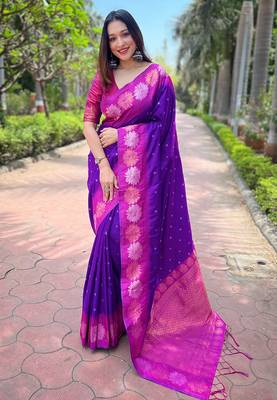 Purple Soft Silk Contrast Gold Zari Woven Saree 1