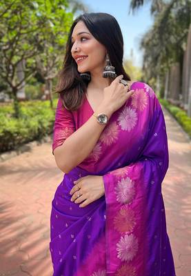 Purple Soft Silk Contrast Gold Zari Woven Saree 2
