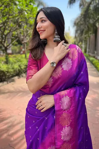 Purple Soft Silk Contrast Gold Zari Woven Saree