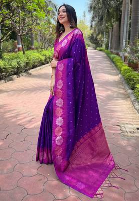 Purple Soft Silk Contrast Gold Zari Woven Saree 3