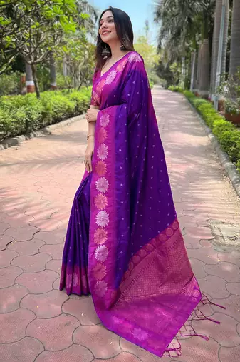 Purple Soft Silk Contrast Gold Zari Woven Saree