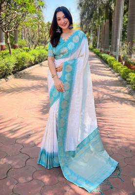 White Soft Silk Contrast Gold Zari Woven Saree 1