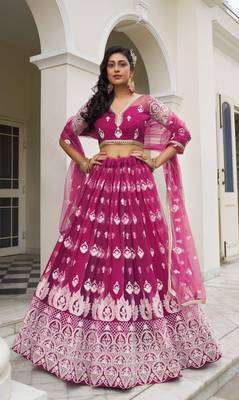DARK PINK NET FABRIC LEHENGA CHOLI WITH SEQUINS AND THREAD EMBROIDERY WORK 1