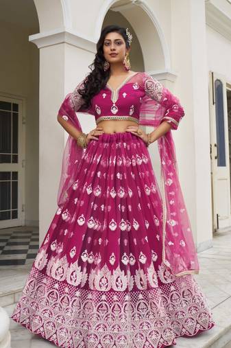 DARK PINK NET FABRIC LEHENGA CHOLI WITH SEQUINS AND THREAD EMBROIDERY WORK