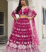 DARK PINK NET FABRIC LEHENGA CHOLI WITH SEQUINS AND THREAD EMBROIDERY WORK