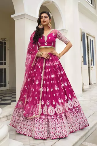 DARK PINK NET FABRIC LEHENGA CHOLI WITH SEQUINS AND THREAD EMBROIDERY WORK